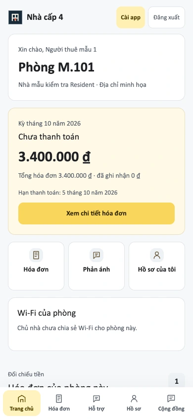 Cổng người thuê Nhà cấp 4 trên điện thoại, phòng M.101 và hóa đơn được chia sẻ