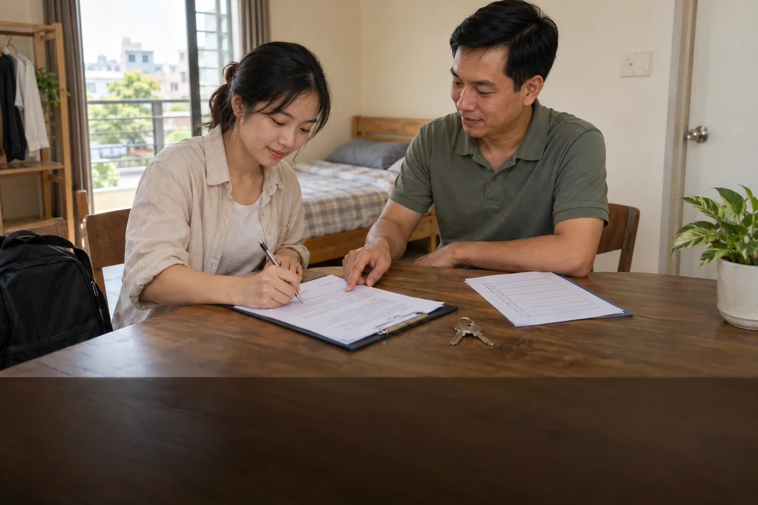 Người thuê và chủ nhà cùng đọc hợp đồng trước khi ký và bàn giao chìa khóa.