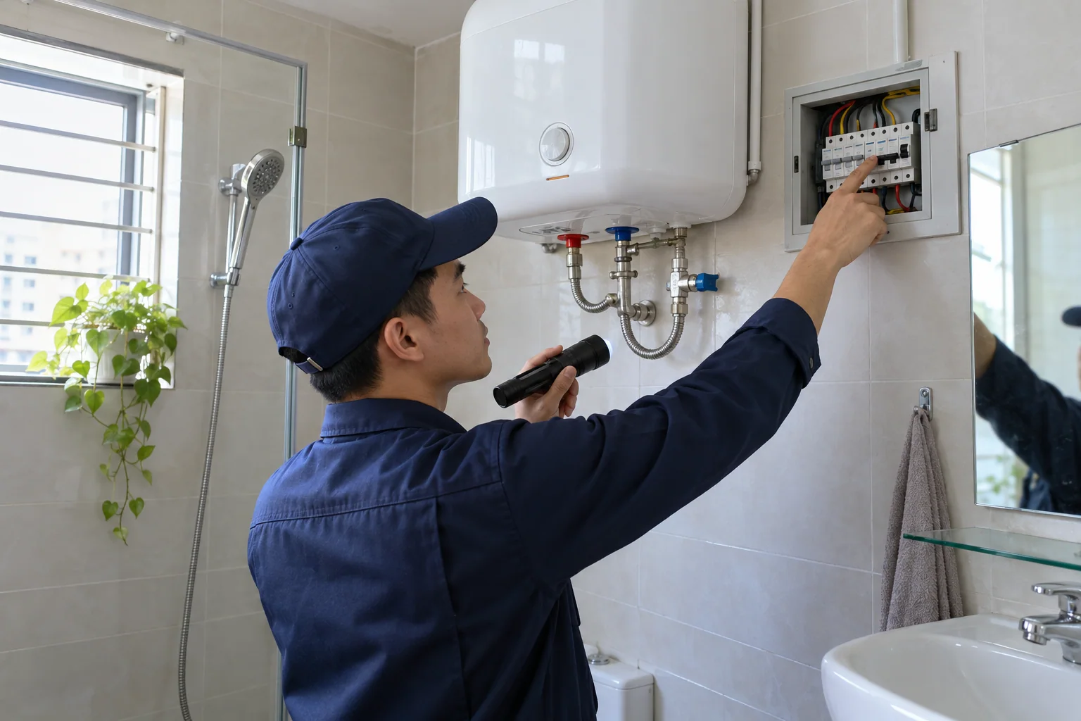 Ảnh minh họa: Kiểm tra an toàn khi dùng bình nóng lạnh trong phòng thuê