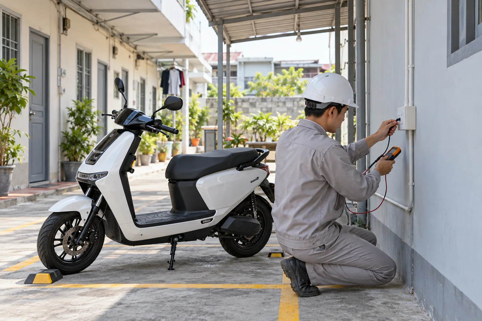 Ảnh minh họa: Kiểm tra điều kiện sạc xe điện tại nhà trọ